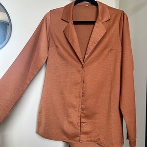 Satin Button-Front Long Sleeve Top - Rust
